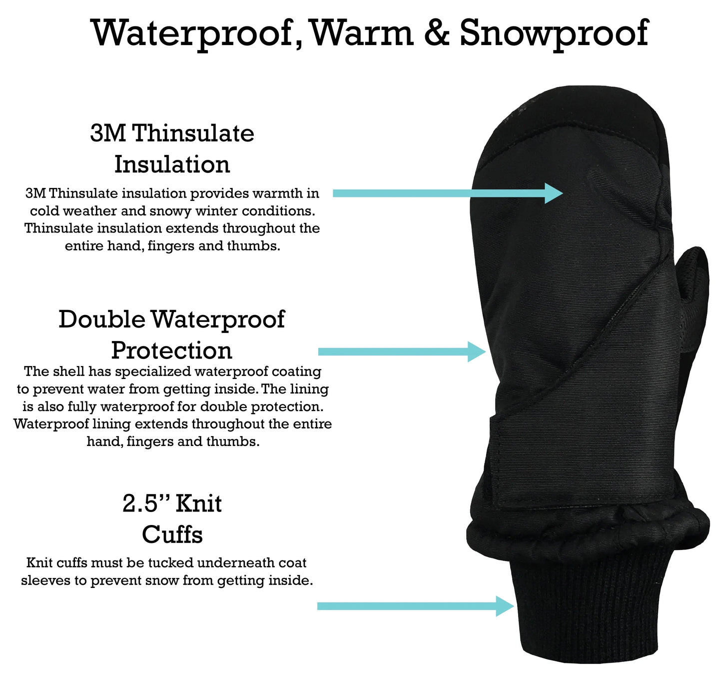 Kids Unisex Thinsulate Waterproof Winter Snow Mittens Insulated Toddler Male Black