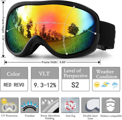 Ski Goggles over Glasses with Dual Lens, Anti-Fog Anti-Uv Snow Goggle for Men Women Youth Skiing Snowmobile