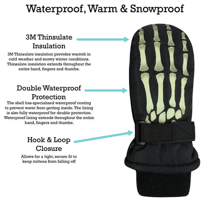 Kids Waterproof Thinsulate Mittens Skeleton Snow Winter Warm Boys Children Black