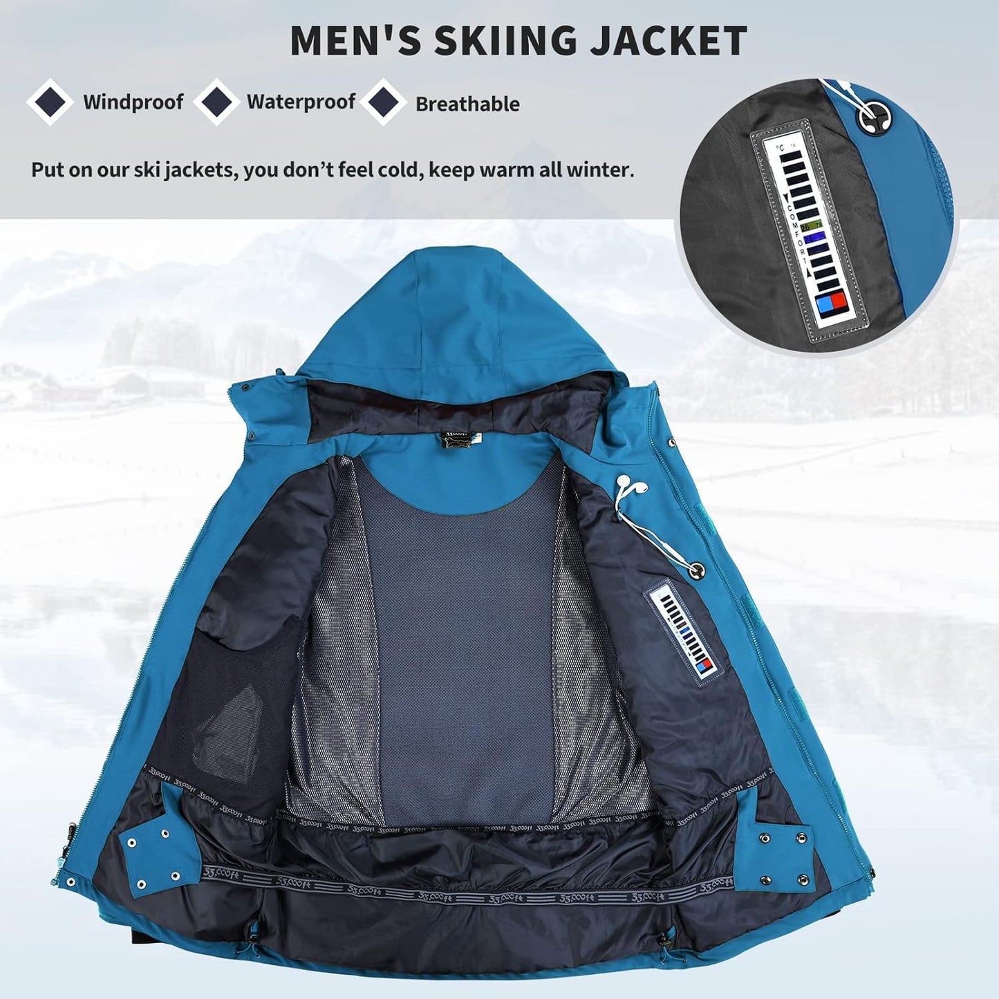 Mens Ski Jacket Waterproof Insulated Snow Jacket, Mountain Breathable Winter Jackets for Men Ski Snowboard Coat